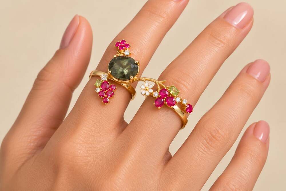 Ross-Simons Multi-Gemstone Flower Bypass Ring Size 7.5 Gold Plated